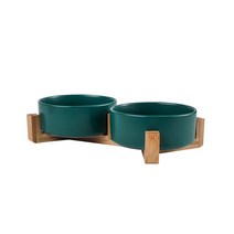 고양이 정수기 급수기 강아지 음수대 식수대 나무 받침대가 있는 세라믹 개 먹이 큰, 22.Green Double Bowl - L 850ML