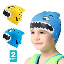 Swim Cap Kids-2 Pack Silicone Fun Swim Caps for Girls and Boys Kids Swimming Hats with Cartoon Shar, 1