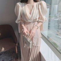 동남아원피스 하와이 원피스 발리 베트남 휴양지룩 동남아 여행룩 괌 다낭 해외여행룩 여름옷 슬리밍 벌룬 소매 롱 플리츠 드레스 시크하고 스타일 크로스 브이넥 언발란스 레이스업