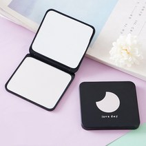 일호장신구 사각 블랙 접이식 휴대용 손 거울 반짝 펄 있는 고양이 별 달 하트 검정 휴대거울, 사각블랙접이식휴대용손거울(달), 1세트