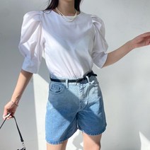 라운드 무지 어깨 퍼프 셔링 반팔 블라우스 3color 하객룩 오피스룩