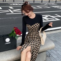 가을 여성 허리 슬리밍 원피스 레트로 클래식 체크 무늬 드레스