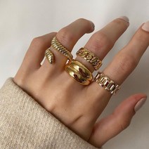 스냅링 C링 E링4pcs/set Punk Metal Geometric Round Rings Set Gold Color Open for Women Fashion Finger, 01 Gold