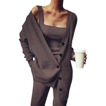 니트바지세트 니트투피스 여성니트세트 니트셋업 엄마등원룩 여성기모트레이닝세트 3pcs 솔리드 컬러 니트 바지 정장 여성 요가 복장 정장 긴 소매 조끼 카디건 와이드 레그 바지 세