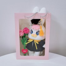 리코 학사모 인형 꽃다발 (장미꽃2송이)+투명창쇼핑백, 노랑+주황