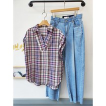 캡소매 브이넥 체크 셔츠 카라 블라우스