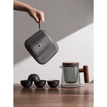 내열유리머그 캠핑 미니 다도 세트 우드 손잡이 티팟, 차 세트-블랙브라운 (그린 블런트)