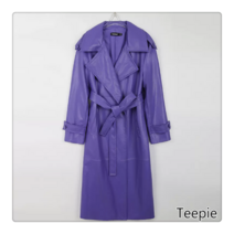 티피/Teepie 여성용 보라색 가죽 트렌치 코트 롱 레이스 업 pu 가죽 자켓