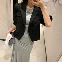 여성 린넨 어깨패드 버튼 소매벌룬 반팔 숏자켓 2colors