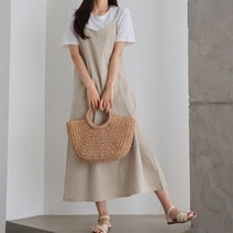 여자 A라인 단색 무지 린넨 끈나시 U넥 피서 롱원피스