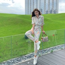 여성 반팔 셔츠형 플라워 긴바지 여자 벨트 점프수트
