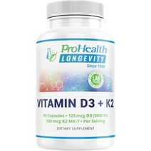프로헬스롱기비티 ProHealth Longevity 비타민 D3 K2 5 000 IU 100mcg 치아 뼈 강도 면역 심장 60 캡슐 기분과 한 노화를 개선하기 위한 시너지 듀오.