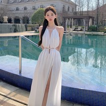 설온 여성 옆트임 끈 홀터넥 여신 롱 원피스 그리드