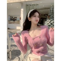 여성용 가을 레트로 복고풍 엔틱 연예인 틈새 블랙 스웨터 스퀘어 칼라 메탈 더블 단추 숏 슬림 니트 가디건 탑