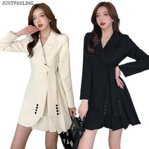 JUSTFEELING 스트랩 긴팔 원피스 허리조임 정장원피스 셔링 고급스러운 패션 직장인 트위드원피스