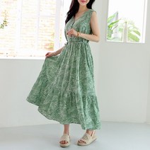 데일리앤 린다 버튼 브이넥 민소매 플레어 롱원피스