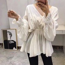 SJW 봄가을 브이넥 블라우스 무지 루즈핏 긴팔 플레어 풀오버 남방 셔츠 여성상의 S~5XL