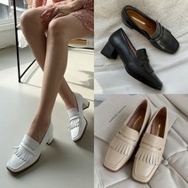 천연가죽 사각코 프린지 여성 구두 펌프스 미들힐 로퍼 5cm