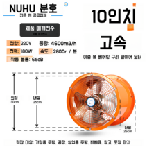 강력한 산업용 배기팬 송풍기 주방 흄 원통형 축류 환기팬 덕트팬, 10인치 고속  2800 rpm