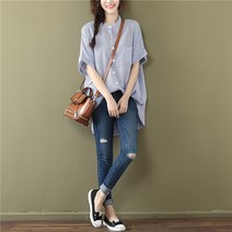 발랑 여성 스트라이프 언발 반팔 심플 블라우스 루즈핏 데일리룩 셔츠