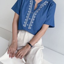 옷자락 여자 반팔 데님 튜닉 기장 롱티 자수 루즈핏 블라우스