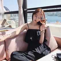 셀러허브(잡화) 여자 프릴 스퀘어넥 끈나시 찰랑 와이드 롱 점프수트