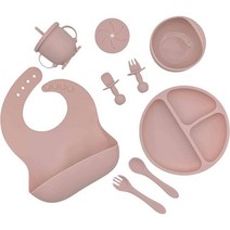아기 실리콘 수유 세트 1단계 유아용 도구 - 8 in 1 - 비브 시피 컵 흡입 볼 아기 포크 및 스푼 세트 흡입이 있는 분할 플레이트 - 아기 리드 유아 용품 (라이트, light pink