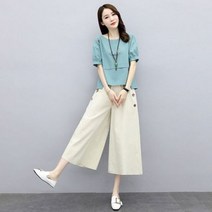 중년여성봄점퍼 봄자켓 엄마옷 여성용 코튼 린넨 와이드 레그 팬츠 싱글 피스 세트 레트로 여성 투피스 민속 맞춤형 정장 600 2021 여름
