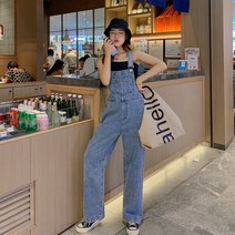 POMTOR 점프슈트 한국식 데님 와이드 오버롤 멜빵바지 점프수트