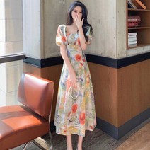 플라워원피스 프렌치 첫사랑 빈티지 VINTAG E 러블리블 예술 감각 여성 여름 염계 코디 3694069277, 유화그림 팬시 원피스, XL