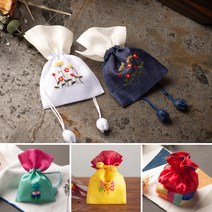 고급 모시 어린이 복주머니 세뱃돈주머니 선물포장, 투톤 자수 어린이 주머니, 카키색