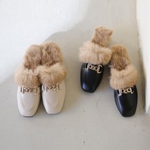 프리티슈 금장 체인장식 토끼털 블로퍼 뮬 슬리퍼 3.5cm
