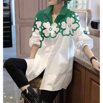 빅 플라워 꽃 패턴 배색 루즈핏 오버핏 트임 하프 롱 셔츠