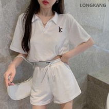 LONGKANG 키 작은 레포츠 여자 티셔츠 반바지 세트 면 상하의 투피스 여자 여름 반팔 운동복 여성 캐주얼 트레이닝 세트 투피스 여름 상하의세트 여자 트레이닝복 세트