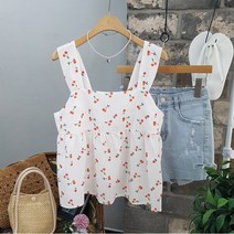 상상그이상 여성용 체리 뒷리본 나시 뷔스티에 프릴 민소매 블라우스 스퀘어넥 뒷밴딩 포인트 블라우스