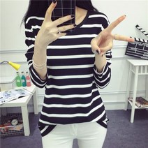 TIYANY 봄과 가을 학생 여성 의류 슬림 조커 여성 바지 셔츠 상단 둥근 목 줄무늬 긴 소매 티셔츠 도매