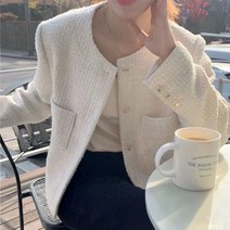 여성용 노카라 크롭 싱글 숏 긴팔 트위드 자켓 아이보리