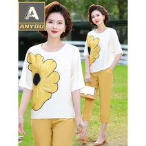 ANYOU 여성 상하의 세트 반팔 플라워 중년40대 루즈핏 빅사이즈 두피스 포켓티셔츠 7부바지 세트룩