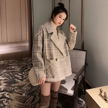 테일러드 시슬리 자켓 하프넥 벨트 코듀로이 오버핏 울체크 라운드 벨티드 여성롱코트