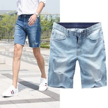 동대문스타일 남자 청반바지 스판 칼구제 커팅 남성 데님 숏팬츠 빈티지 찢청반바지
