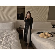 [리리앤코] 에르델르 배색 플리츠 오픈카라 롱 원피스