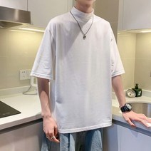 2022높은 칼라 단색T셔츠 남자의 짧은 소매 여름 느슨한 반 소매T티셔츠