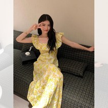 롱원피스 해변 휴가 꽃 작은 플라잉 슬리브 스퀘어 칼라 드레스 여성 여름 사이즈 롱 스커트 리조트룩