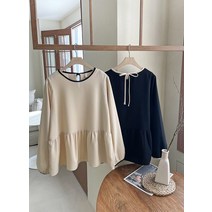 코지 여자 멜로디 밑단 프릴 배색 뒷리본끈 블라우스