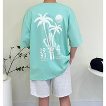 더유니크제이 남자 오버핏 야자수 나염 프린팅 7부 반팔 박스 티셔츠 5컬러