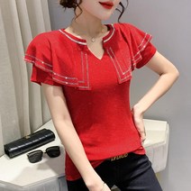 봄과 여름 새로운 반팔 패션 기질 스탠드 칼라 연꽃 잎 가장자리 다림질 드릴 슬림 슬림 티셔츠