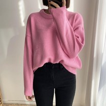 뜨개진 여성용 루즈핏 도톰 라키아 라운드 니트