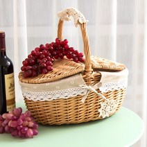 라틴바구니 라탄 피크닉 바구니 등나무 넝쿨전원 덮개 과일 야외 대나무 퀼트 수납, 13 라지 원색 커버+레드 체크 안감