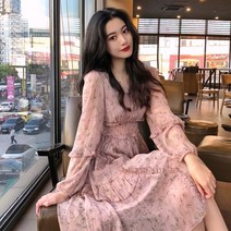 포린박스 쉬폰 롱 프릴 레이스 꽃무늬 원피스 YJ, 아이보리