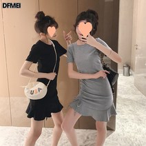DFMEI 슬림 반팔 원피스 여하 스트링 티셔츠 스커트 플레어 스커트